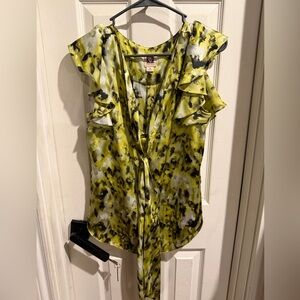Anne Klein Lime Green and Black Watercolor Ruffle Tie-Front Blouse
